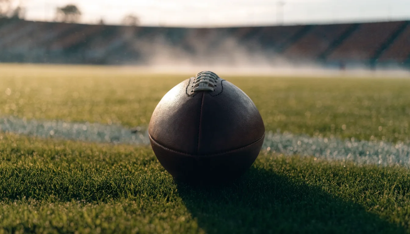 Ein ovaler Lederball mit heller Schnürung liegt auf dem Rasen vor der Endzone, Tau auf dem Gras im ersten Morgenlicht.