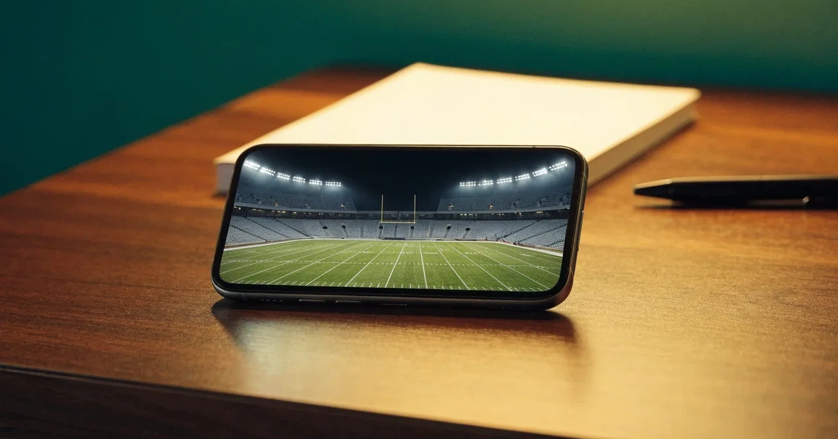 Ein American-Football-Feld mit weißen Yardlinien im Flutlicht, von einer hohen Tribüne aus gesehen, die Ränge leer, Zahlen nicht erkennbar.