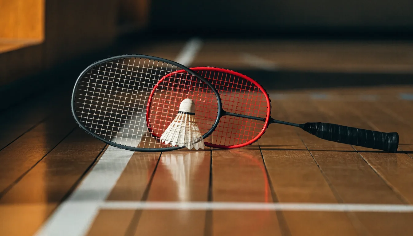 Zwei Badmintonschläger und ein Federball liegen auf einem Holzboden neben der Seitenlinie, weiches Licht fällt von der Seite ein.
