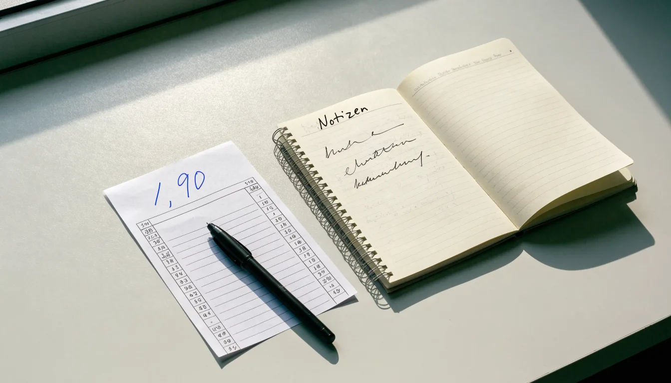 Ein leerer Papierwettschein und ein Kugelschreiber auf einer glatten Schreibtischplatte, daneben ein aufgeschlagenes Notizbuch mit handschriftlichen Notizen.
