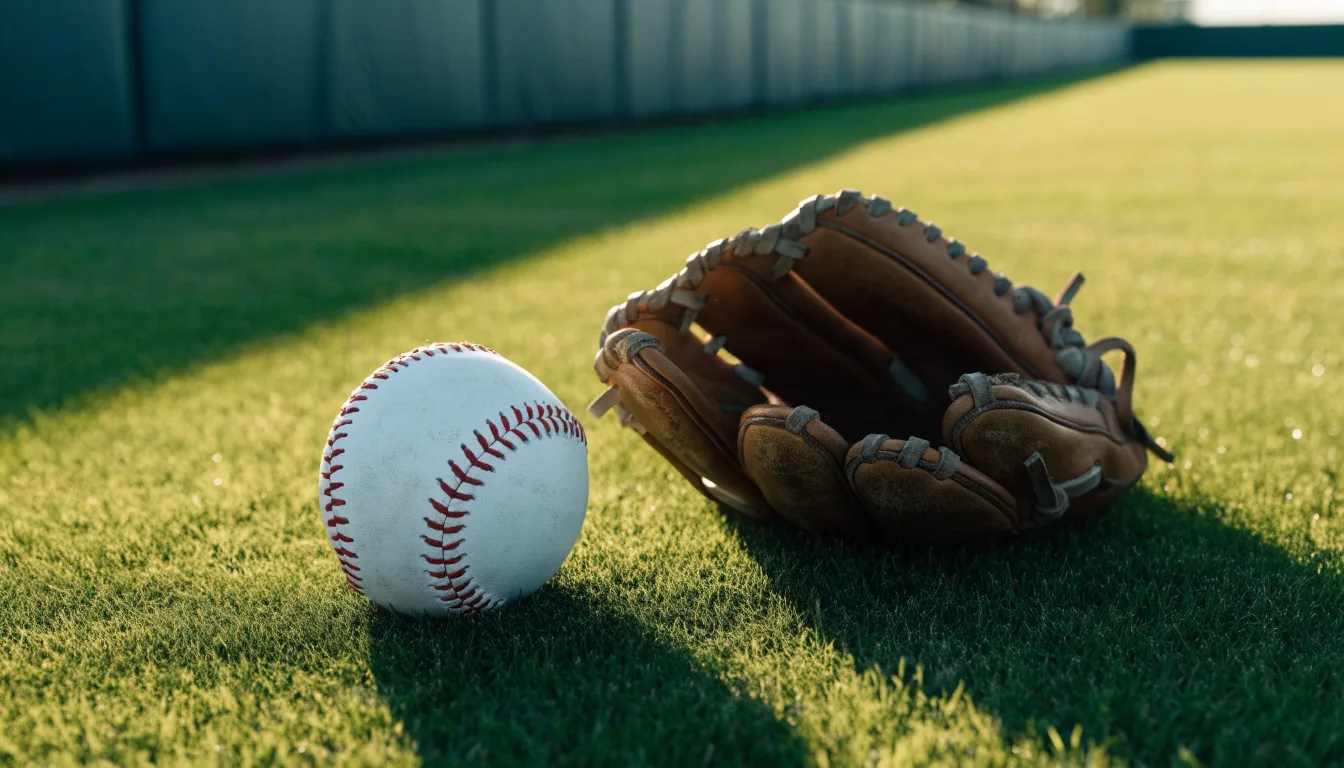 Ein weißer Baseball und ein Lederhandschuh liegen auf kurz geschnittenem Gras, im Hintergrund eine verschwommene Spielfeldbande.