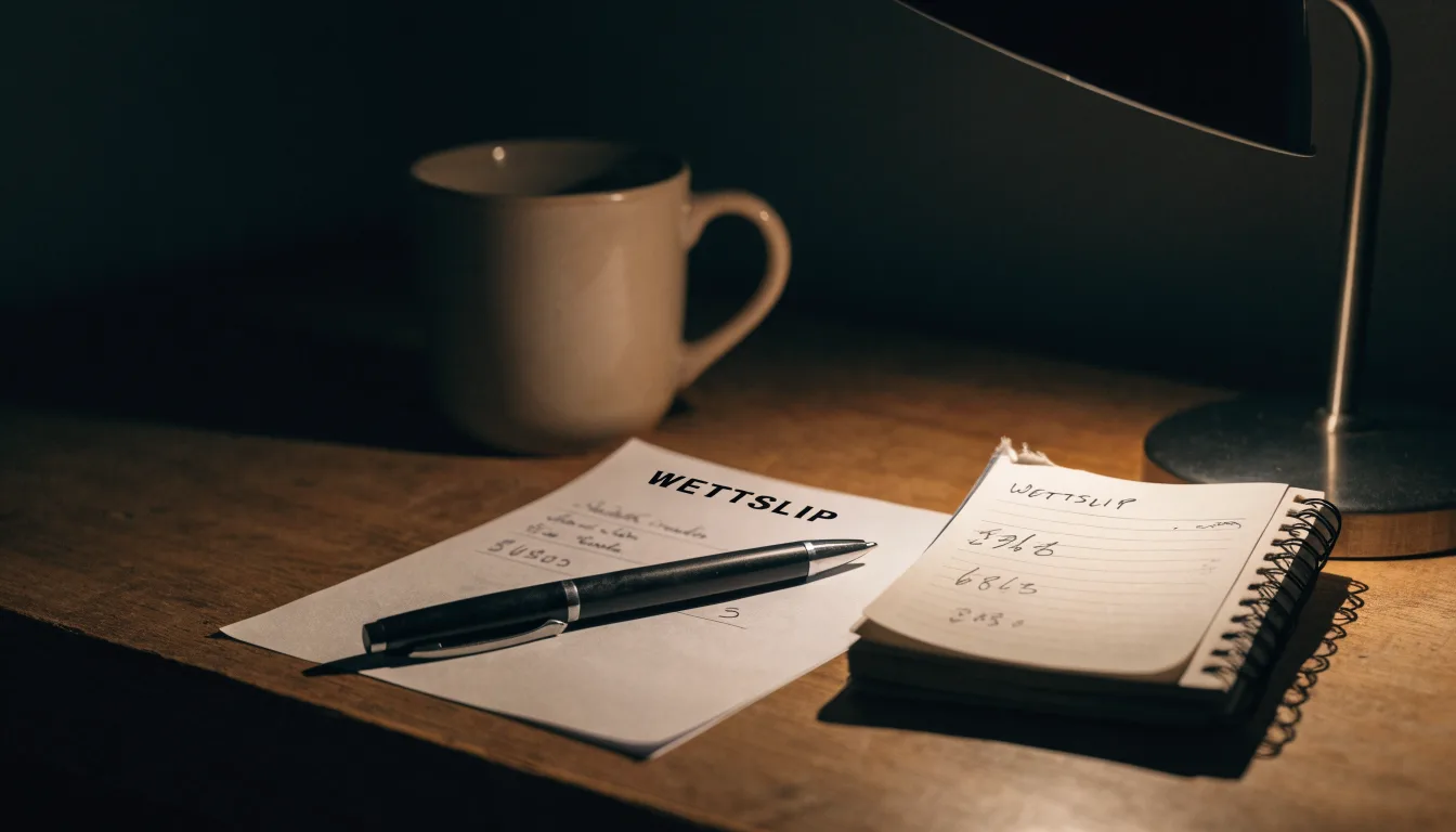 Ein leerer Papierwettschein, ein Kugelschreiber und ein Taschenrechner liegen auf einem Holztisch, warmes Licht einer Schreibtischlampe.