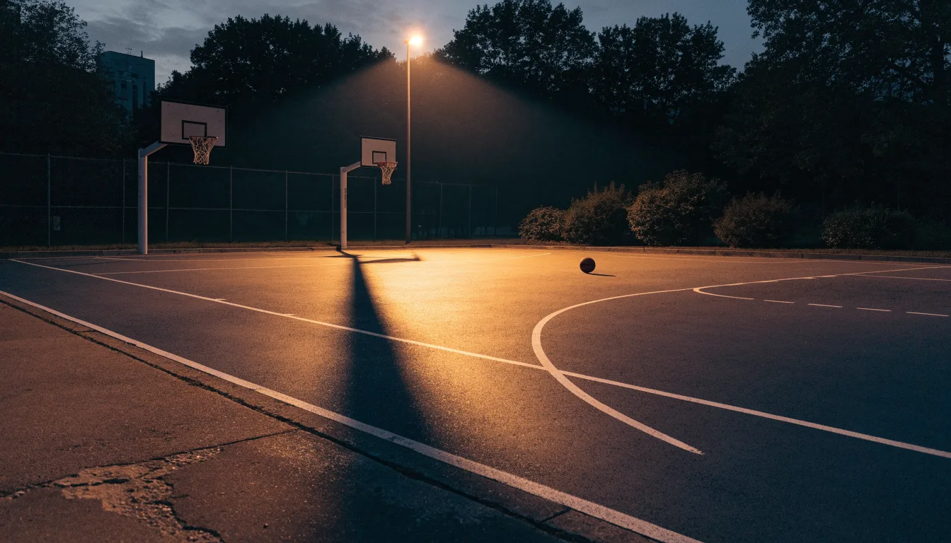 Ein Freiluft-Basketballplatz am Abend mit Asphalt, Linien und zwei Körben unter einer Straßenlaterne.