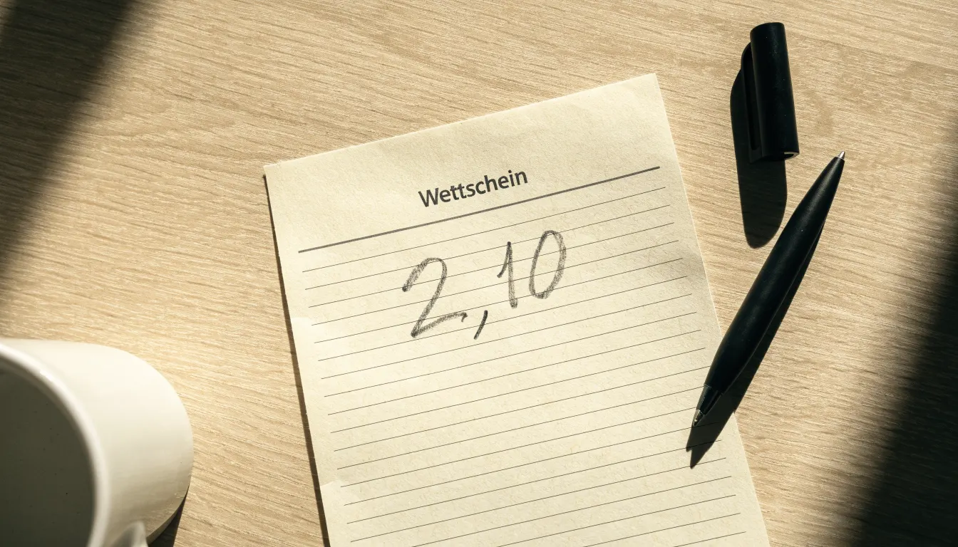 Ein leerer Wettschein aus Papier liegt neben einem Kugelschreiber und einer Tasse auf einem hellen Holztisch.