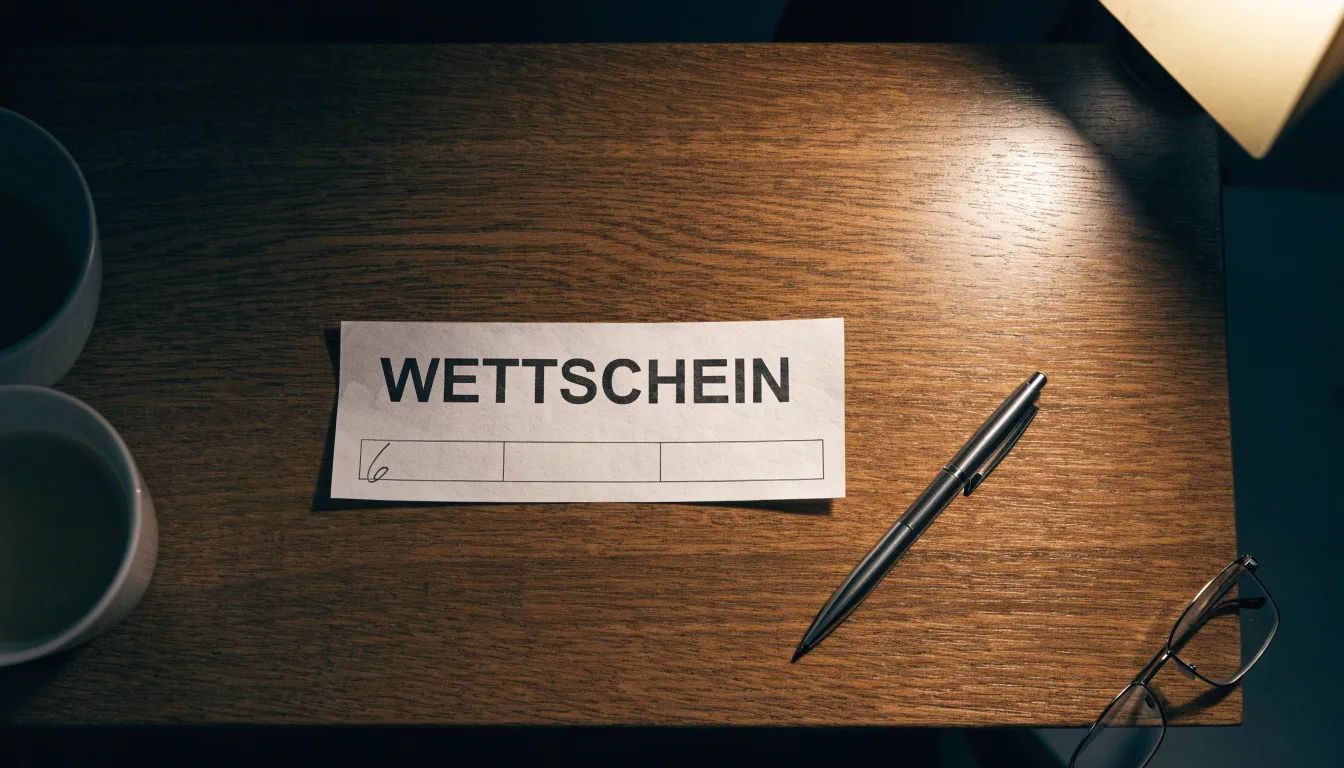 Ein leerer Papierwettschein und ein Kugelschreiber liegen auf einem Holztisch neben einer Tasse, warmes Licht einer Lampe.