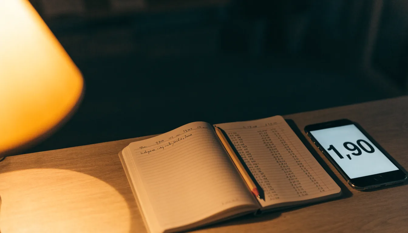 Ein Notizbuch mit handschriftlichen Notizen und ein Bleistift liegen neben einer Tischlampe auf einem Schreibtisch, ruhiges Abendlicht.