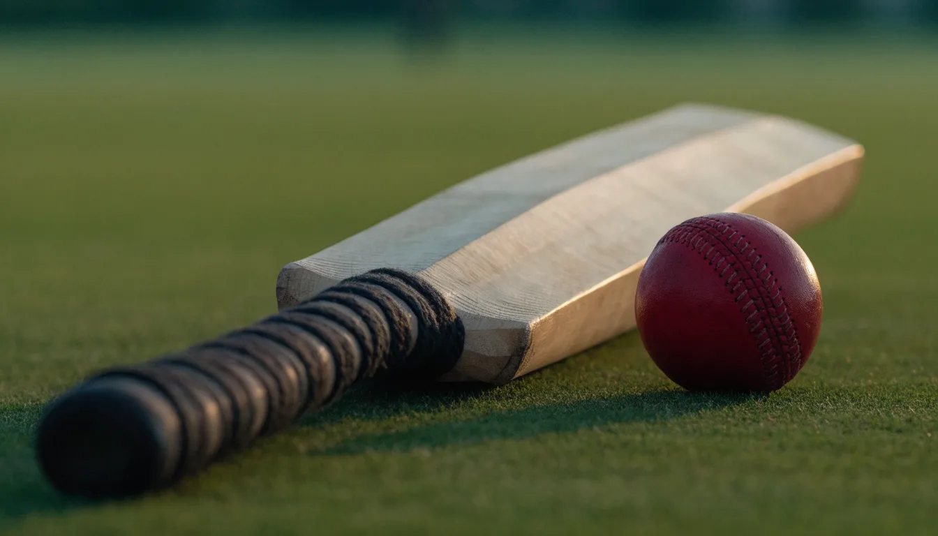 Ein Cricketschläger aus hellem Holz und ein roter Lederball liegen auf kurzem Rasen, weiches Abendlicht.