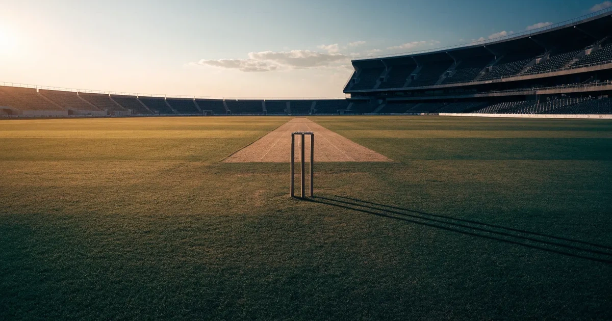 Ein weites grünes Cricketfeld mit einem hellen Streifen in der Mitte, tief stehende Sonne, im Hintergrund eine leere Tribüne.