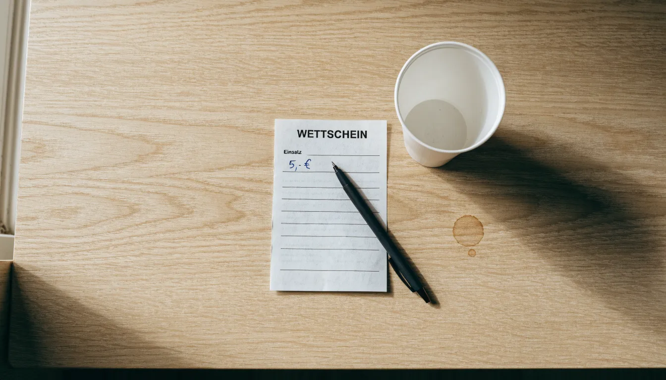 Ein leerer Wettschein aus Papier liegt neben einem Kugelschreiber und einer Tasse auf einem hellen Holztisch.