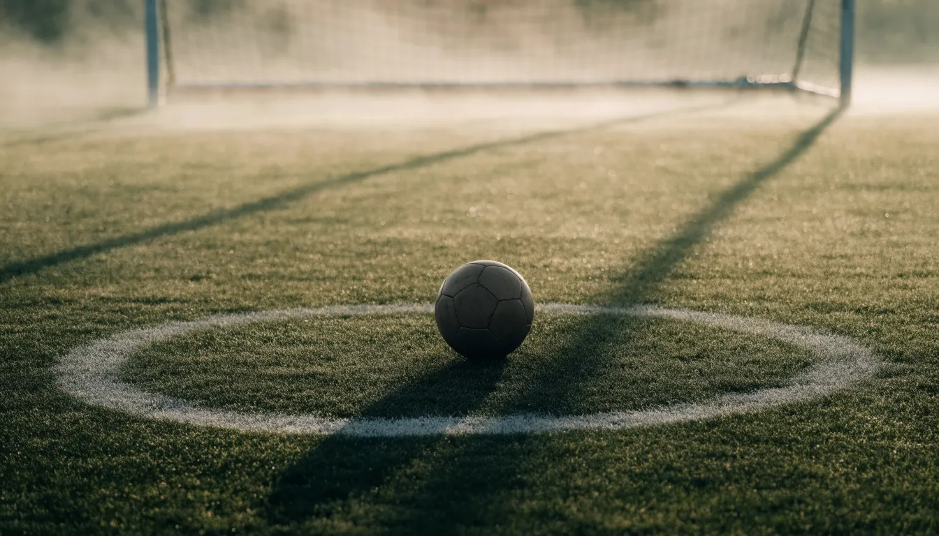 Ein Fußball liegt auf dem Elfmeterpunkt eines leeren Rasenplatzes, im Hintergrund unscharf ein Tor im Morgendunst.