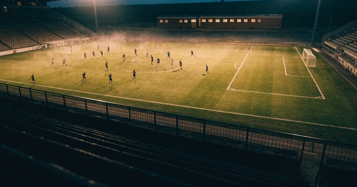 Ein Fußballstadion bei Flutlicht aus der Ferne gesehen, davor eine Straße und leuchtende Fenster eines Nebengebäudes.