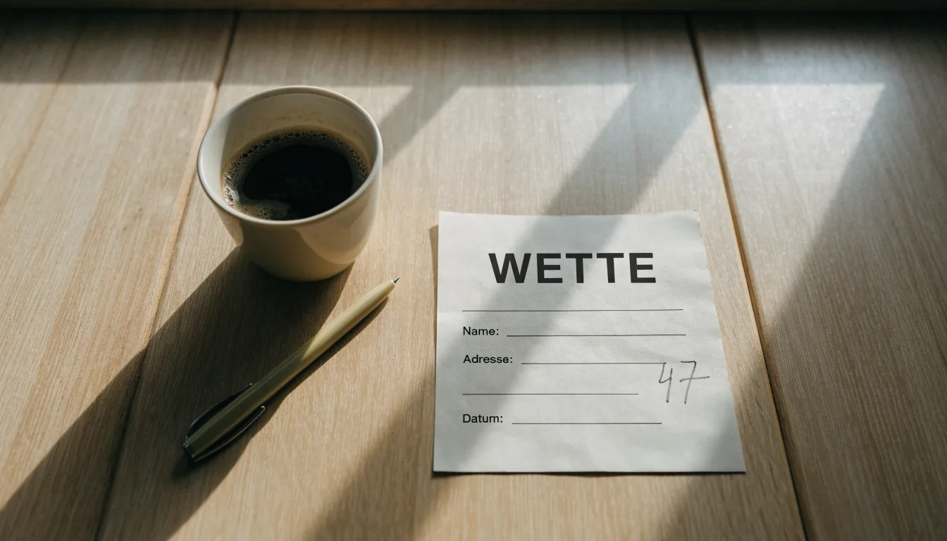 Ein leerer Wettschein aus Papier liegt neben einem Kugelschreiber und einer Tasse auf einem hellen Holztisch.