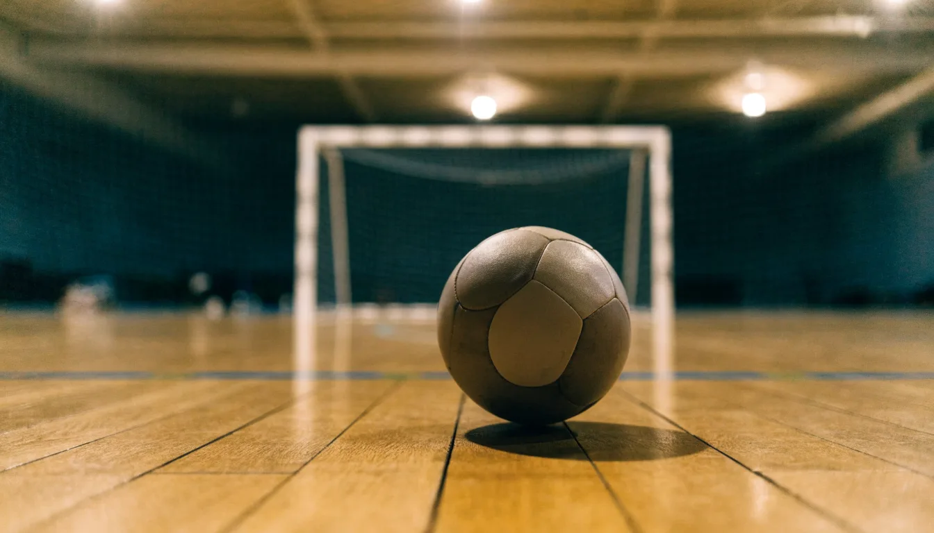 Ein kleiner schwerer Ball liegt in einer Halle auf dem Parkett vor einem Tor, warmes Licht aus den Deckenstrahlern.