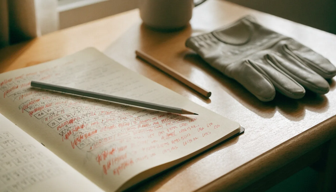 Ein Notizbuch mit handschriftlichen Notizen und ein Bleistift liegen neben einem Golfhandschuh und einem Tee auf einem Holztisch.
