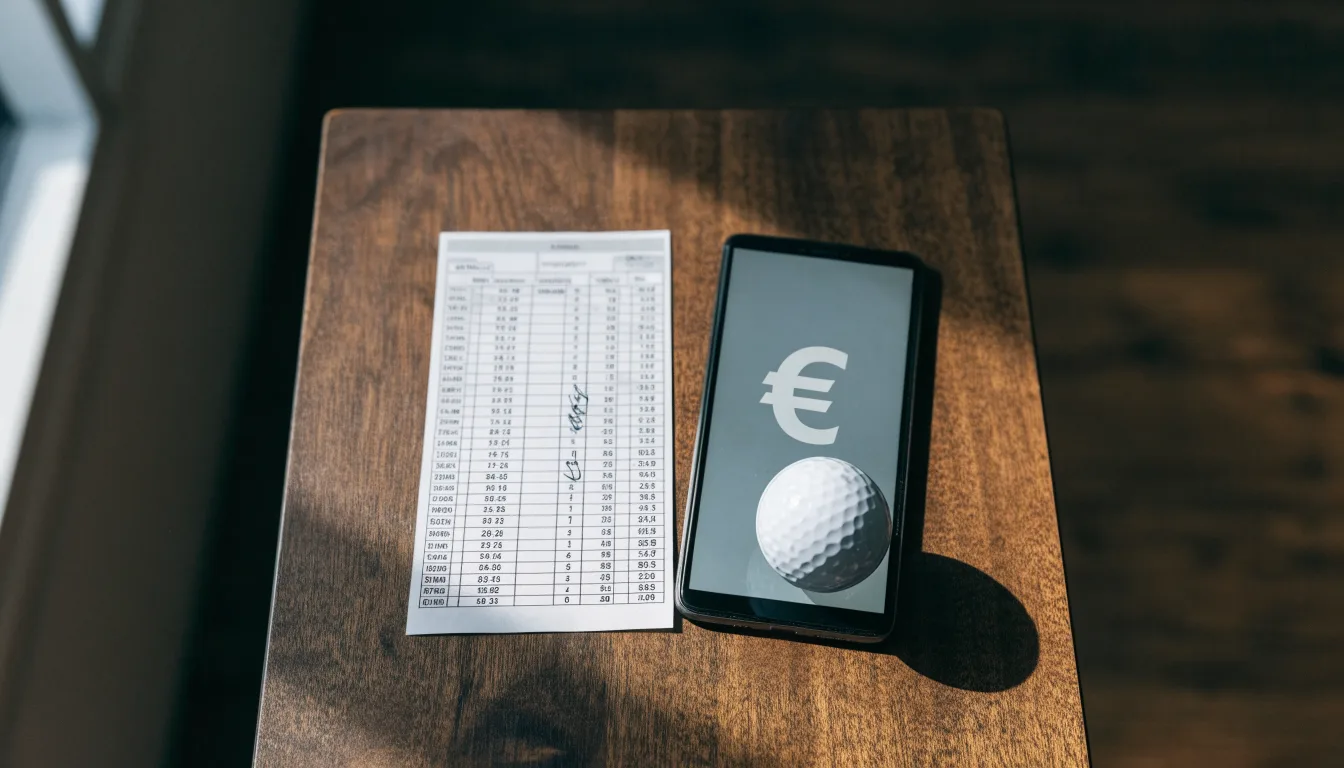 Ein leerer Wettschein aus Papier liegt neben einem Smartphone mit dunklem Display auf einem Tisch, daneben ein einzelner Golfball.