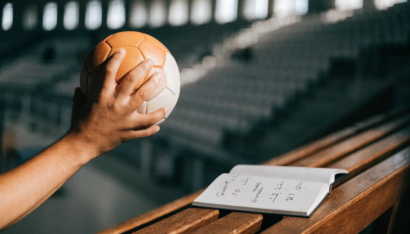 Eine Hand hält einen Handball, im Hintergrund eine unscharfe Tribüne, daneben liegt ein Notizblock auf einer Bank.
