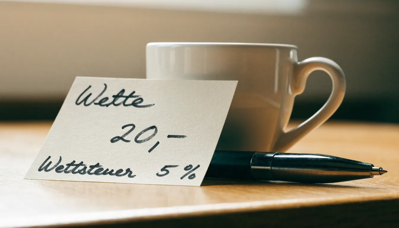 Ein leerer Wettschein aus Papier und ein Kugelschreiber liegen auf einem Schreibtisch neben einer Tasse Kaffee im Tageslicht.