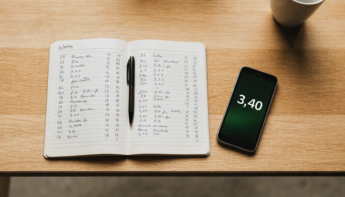 Ein Notizbuch mit handschriftlichen Notizen und ein Stift liegen auf einem Holztisch neben einem Smartphone mit dunklem Bildschirm.
