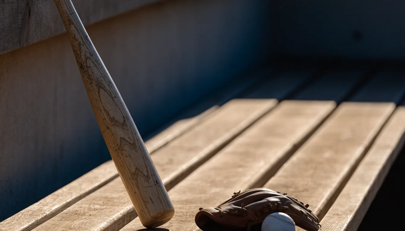Ein Baseballschläger lehnt an einer Bank im Dugout, daneben liegen ein Handschuh und ein Ball im Licht der Nachmittagssonne.
