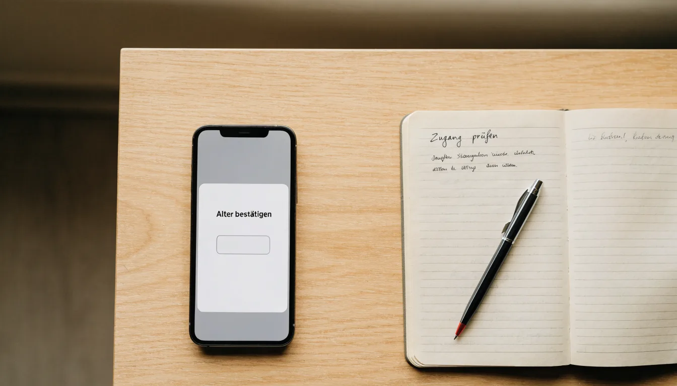 Ein Smartphone mit dunklem Display liegt neben einem Notizbuch und einem Kugelschreiber auf einem Tisch.