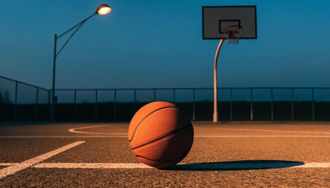 Ein Basketball rollt auf einem Freiluftplatz in der Abenddämmerung zu einem Korb, die Straßenlaternen leuchten bereits.
