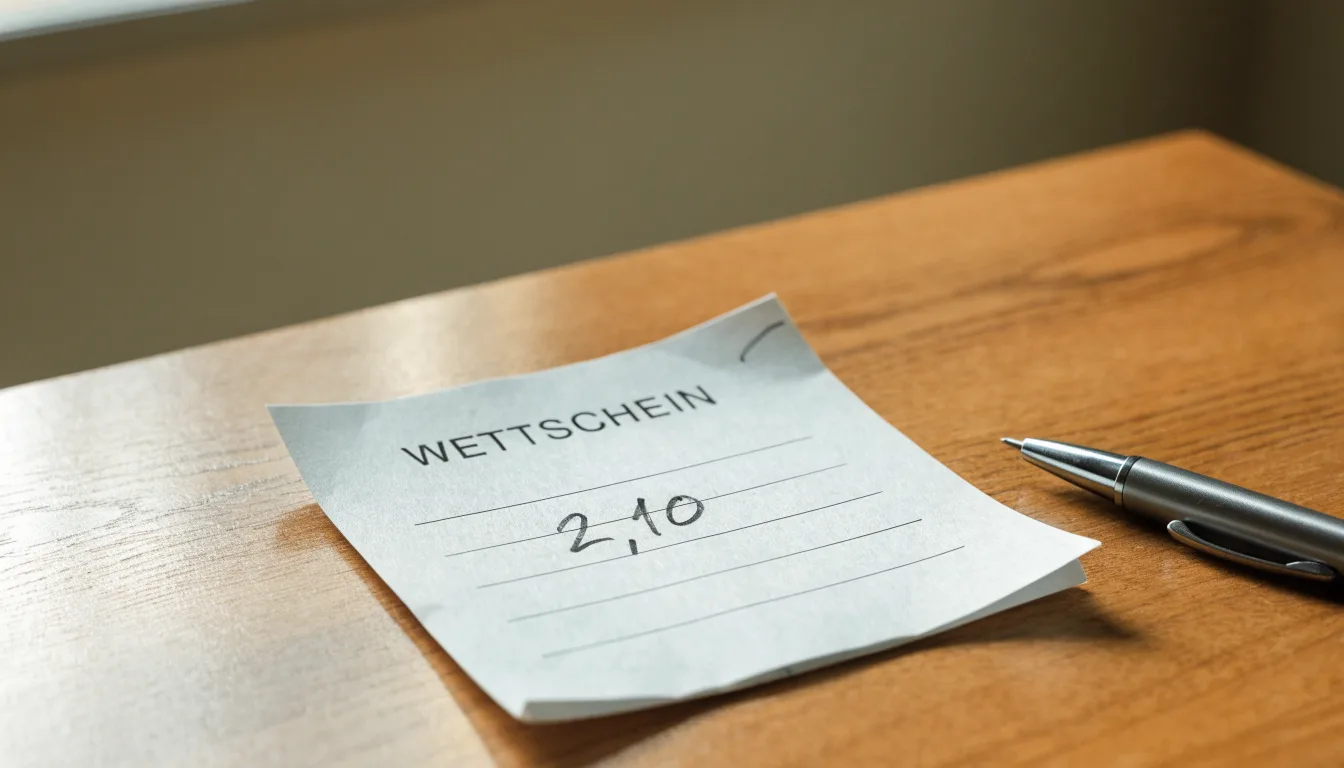 Ein leerer Wettschein aus Papier liegt neben einem Kugelschreiber auf einem Schreibtisch im Tageslicht.