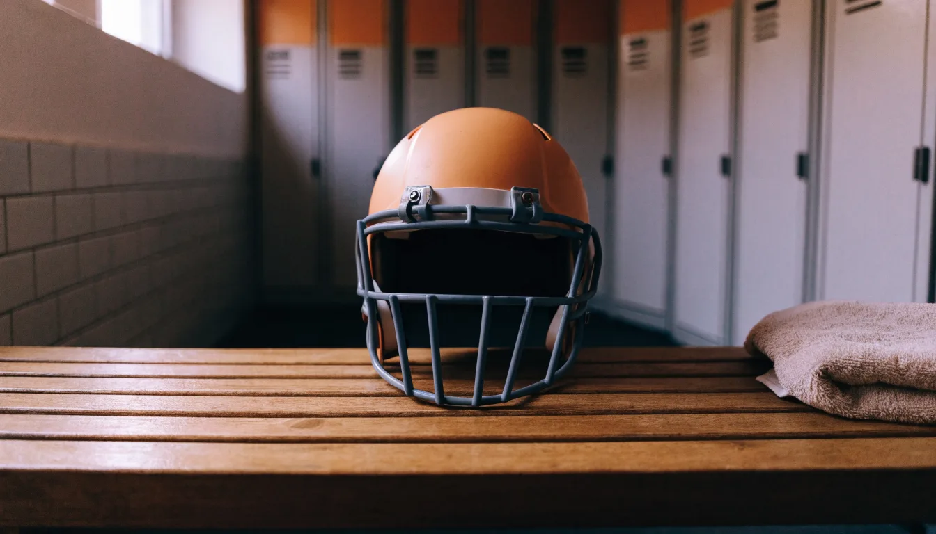 Ein neutraler Footballhelm ohne Aufdruck steht auf einer Holzbank in einer Umkleidekabine.