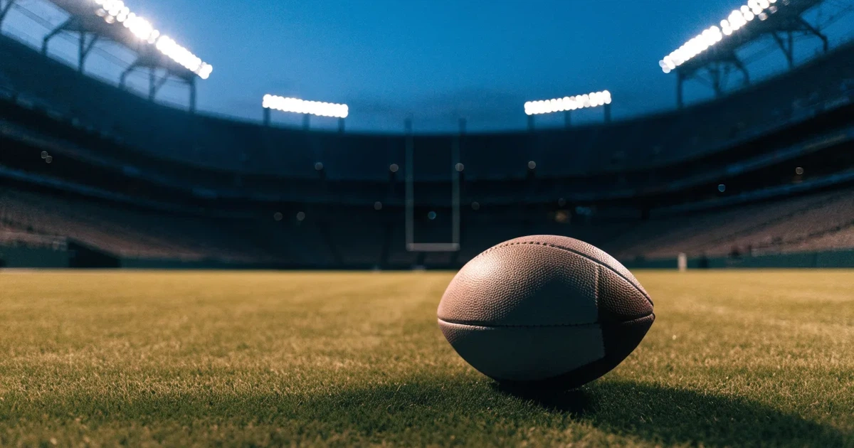 Ein American Football liegt auf dem Rasen eines leeren Stadions unter Flutlicht, die Torstangen ragen im Hintergrund auf.