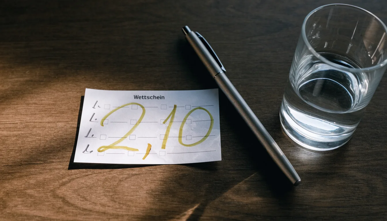 Ein leerer Wettschein aus Papier liegt neben einem Stift auf einem Tisch, daneben ein Glas Wasser.