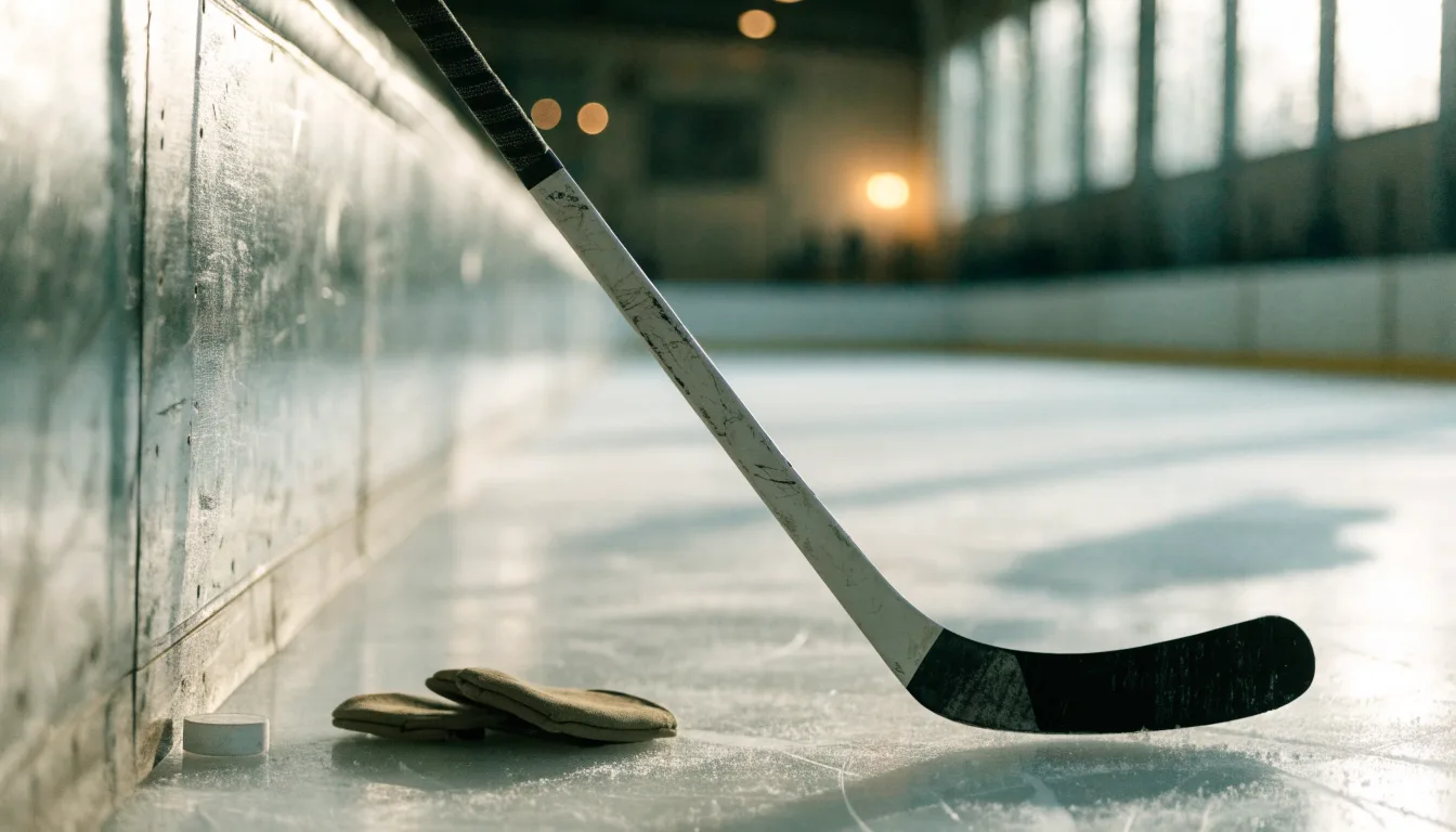 Ein Eishockeyschläger lehnt an einer Bande, daneben liegen ein Puck und ein Paar Handschuhe in einer Eishalle.