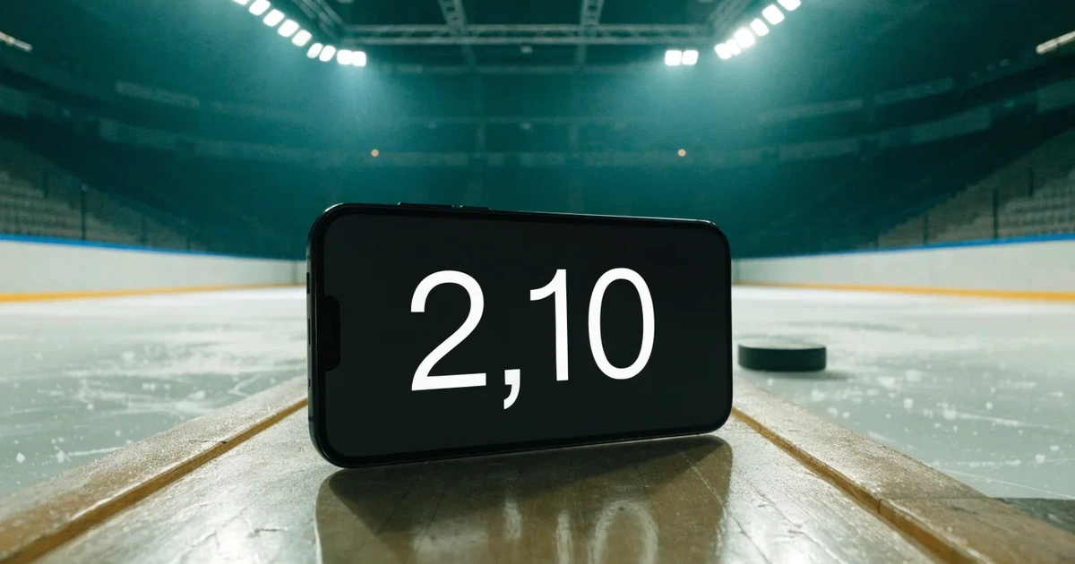 Eine leere Eisfläche in einer Halle mit Banden und Flutlicht, auf dem Eis liegt ein einzelner Puck.