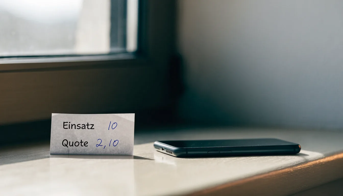 Ein leerer Wettschein aus Papier und ein Smartphone mit dunklem Display liegen auf einer Fensterbank im Tageslicht.