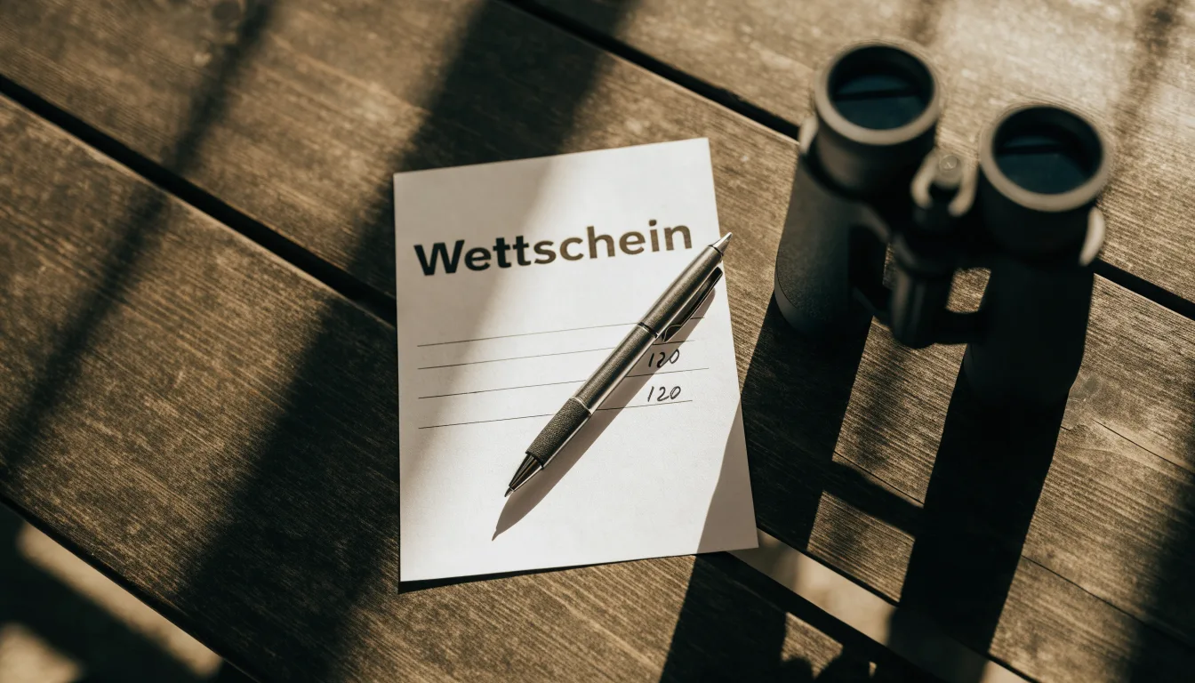 Ein leerer Wettschein aus Papier und ein Kugelschreiber liegen auf einem Holztisch neben einem Fernglas.