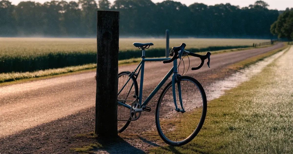 Eine Landstraße zwischen Feldern im Morgenlicht, am Straßenrand lehnt ein Rennrad ohne Aufschrift an einem Pfosten.