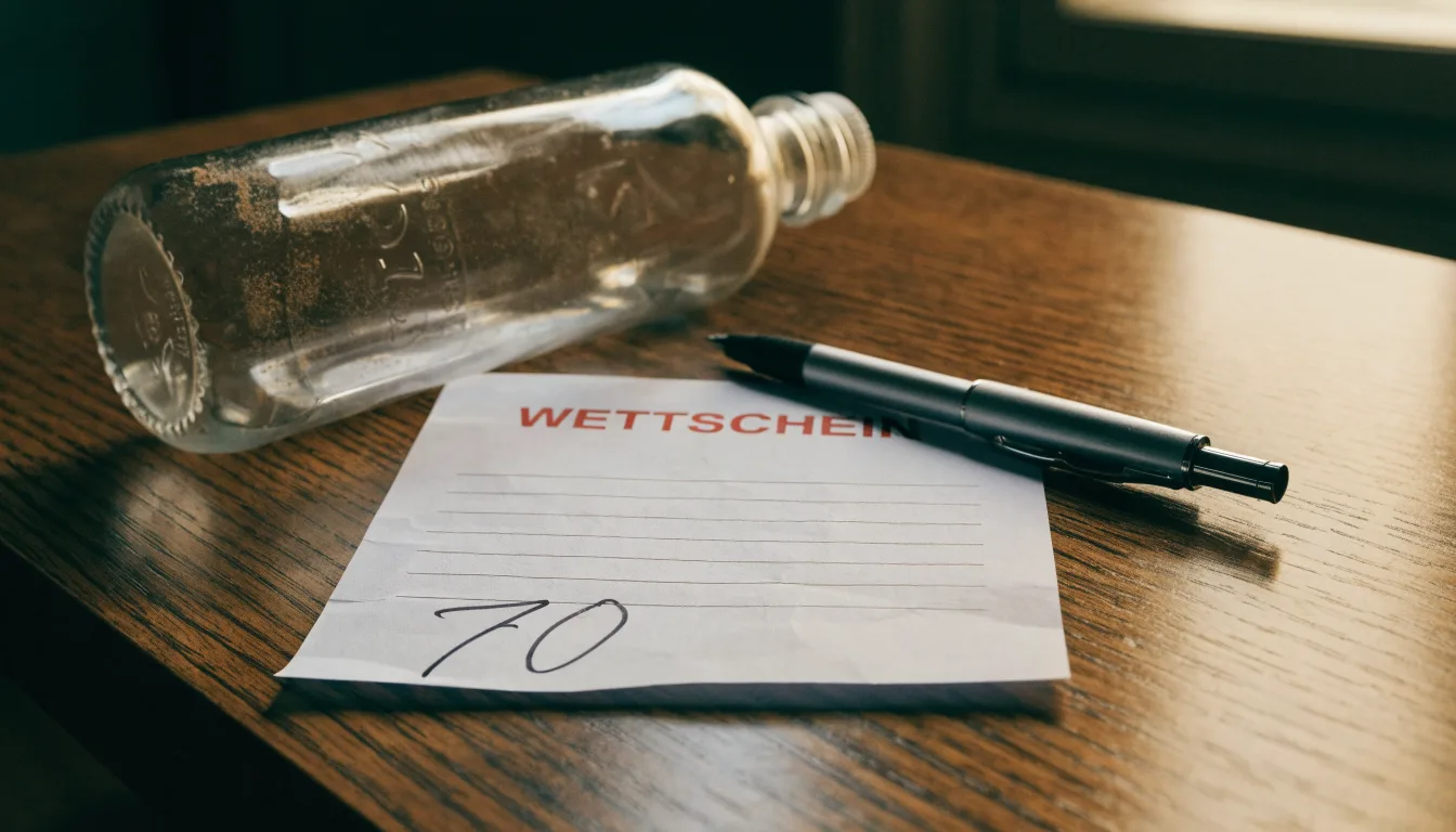 Ein leerer Wettschein aus Papier liegt neben einer Trinkflasche und einem Stift auf einem Tisch.