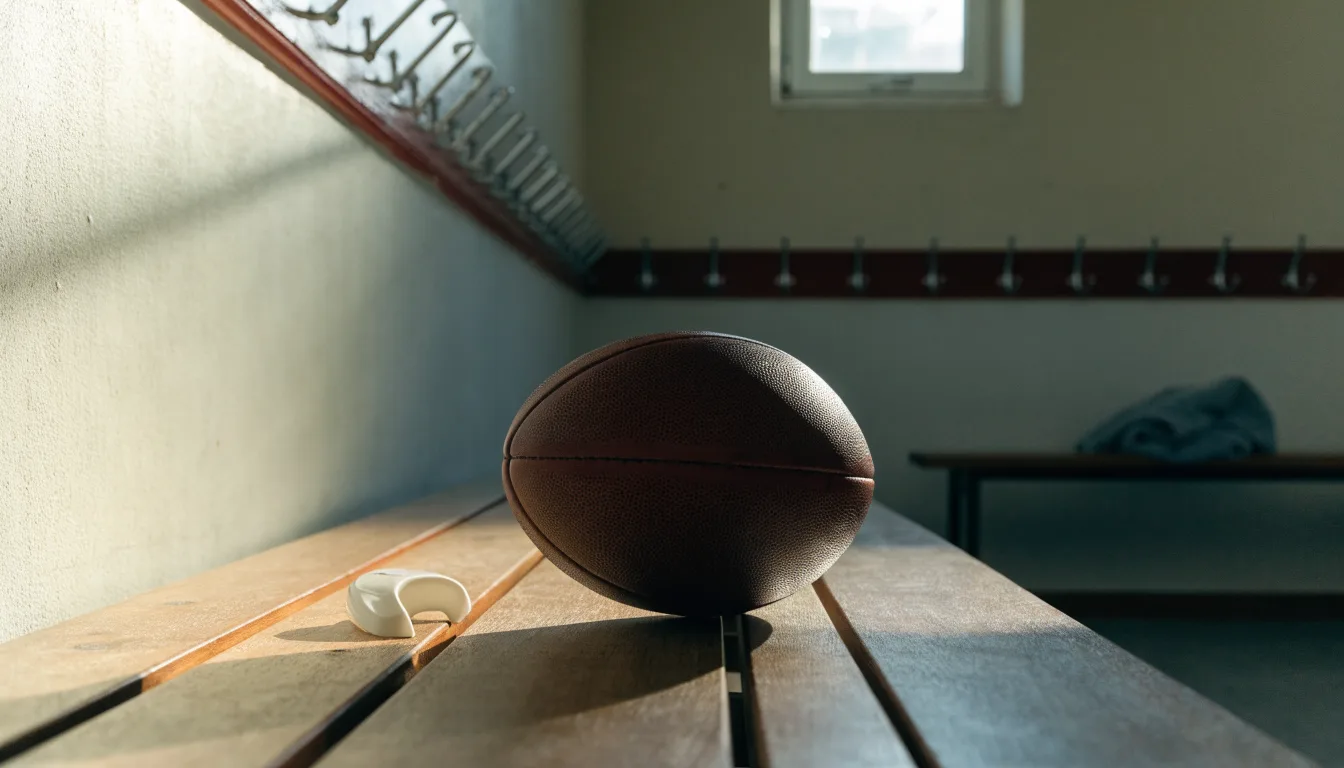 Ein Rugbyball und ein Mundschutz liegen auf einer Holzbank neben einer Reihe Kleiderhaken in einer Umkleide.