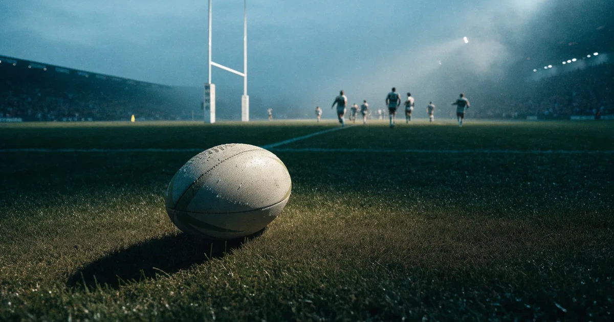 Ein ovaler Rugbyball liegt vor den hohen Torstangen auf nassem Rasen, über dem Stadion zieht Nebel auf.