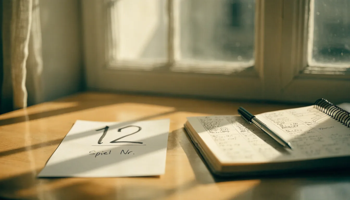 Ein leerer Wettschein aus Papier liegt neben einem Notizbuch und einem Stift auf einem Schreibtisch am Fenster.