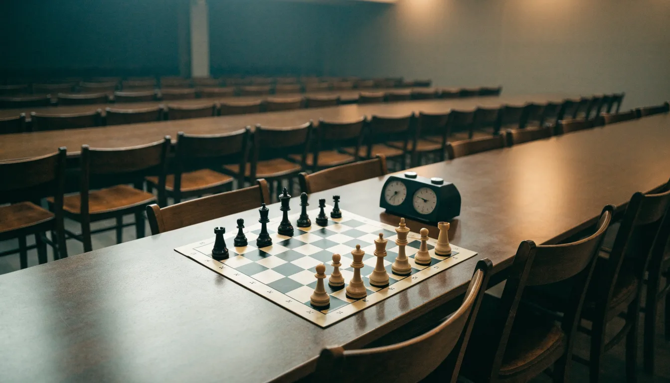 Ein Schachbrett und eine Schachuhr stehen auf einem Tisch in einem leeren Turniersaal, die Stühle sind ordentlich zurückgeschoben.