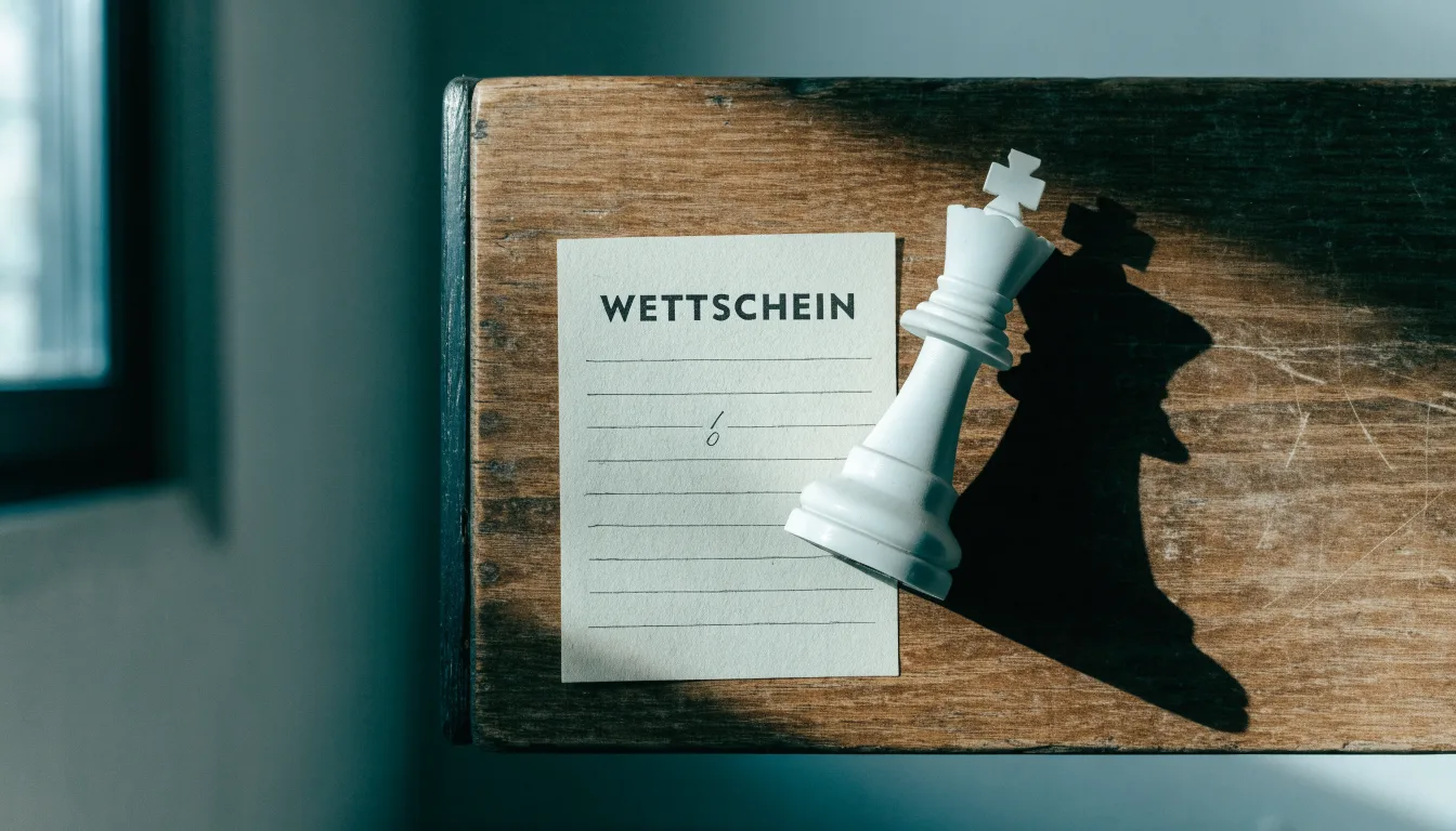 Ein leerer Wettschein aus Papier liegt neben einem umgekippten weißen Schachkönig auf einem Holztisch.