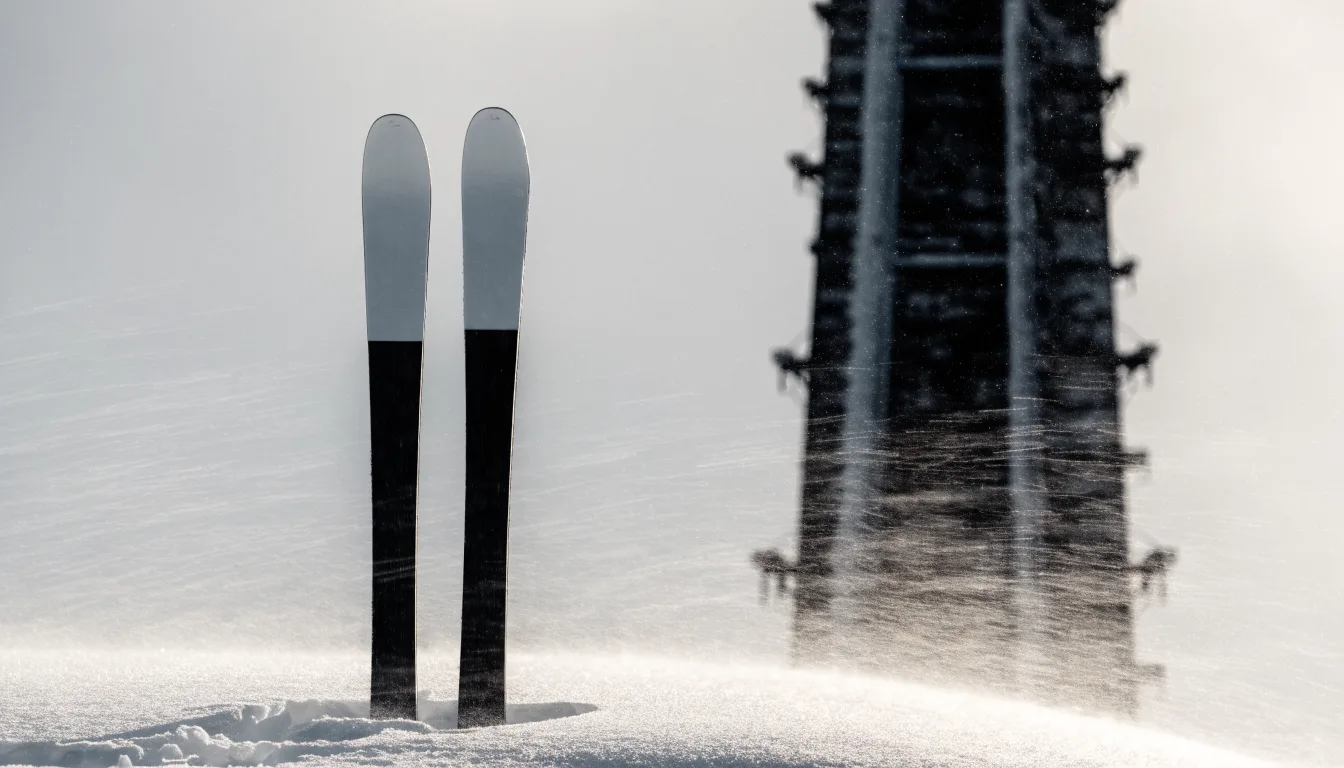 Ein Paar Skier steckt aufrecht im Schnee neben einem Anlaufturm, im Hintergrund wirbelt feiner Schnee im Wind.