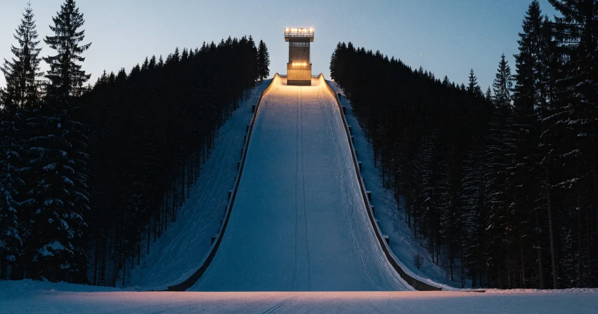 Eine Skisprungschanze im Schnee, von unten gesehen, vor einem klaren Winterhimmel in der Dämmerung, ohne Menschen.