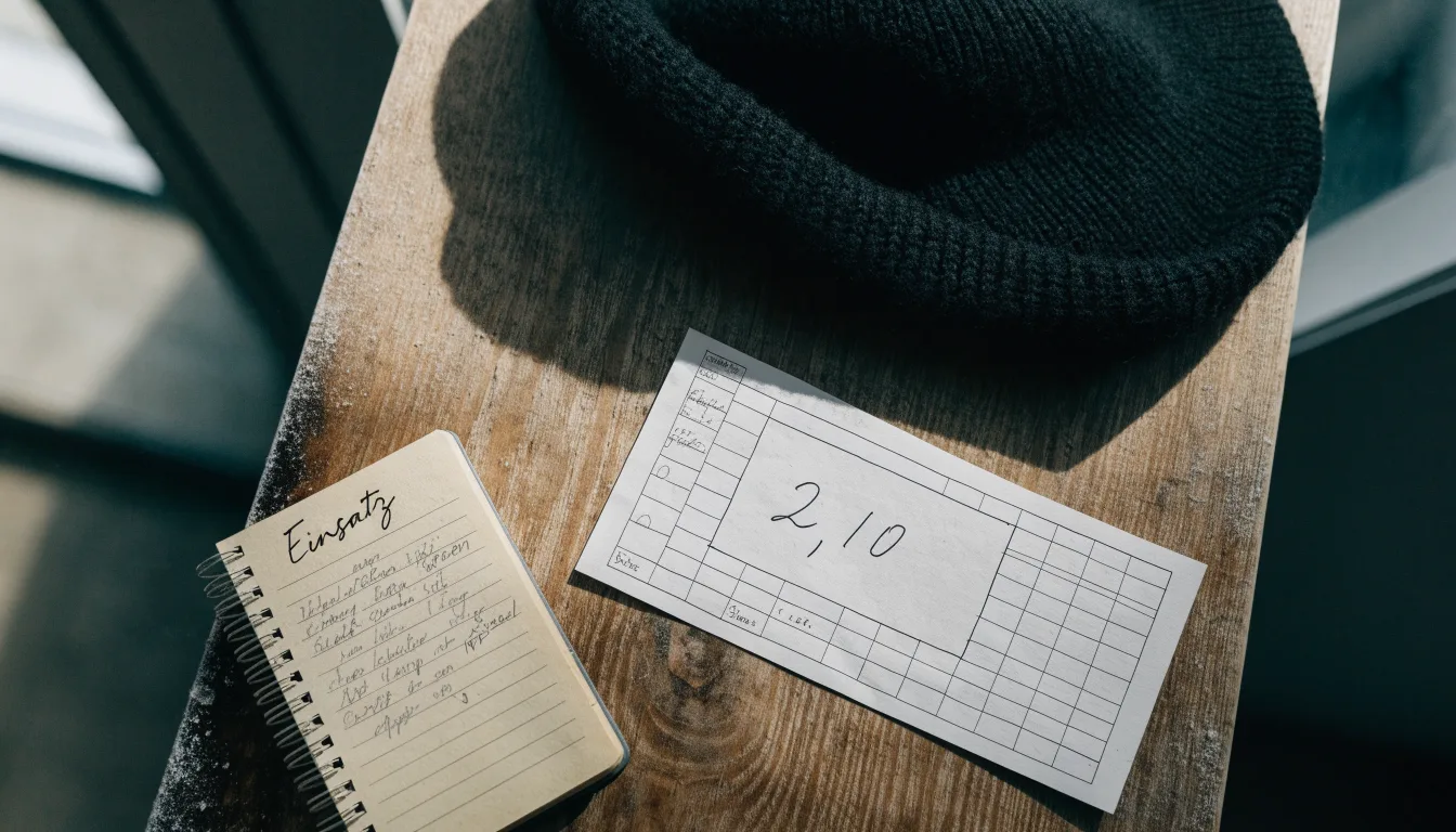 Ein leerer Wettschein aus Papier und ein Notizbuch liegen neben einer Wollmütze auf einem Holztisch.