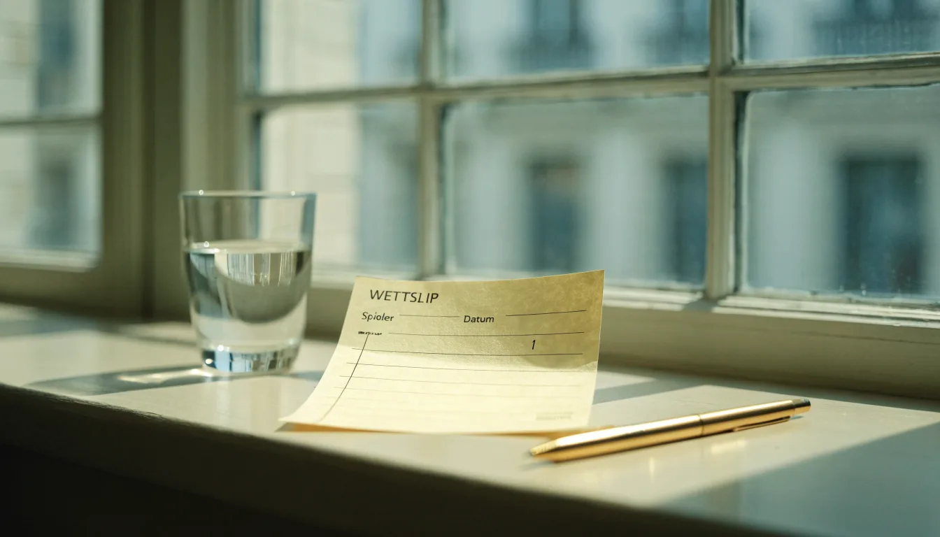 Ein leerer Wettschein aus Papier und ein Kugelschreiber liegen neben einem Glas Wasser auf einer Fensterbank.