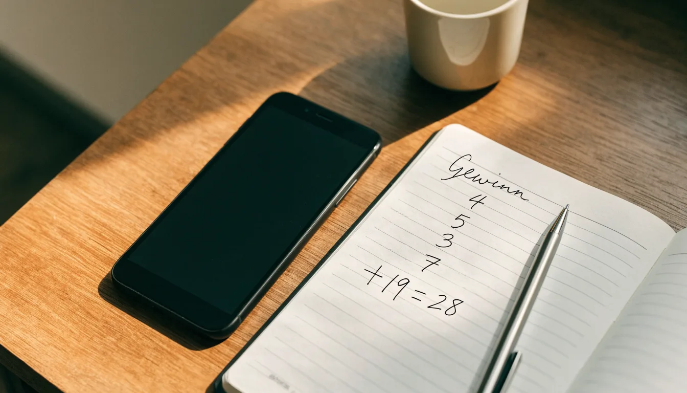 Ein aufgeschlagenes Notizbuch mit handschriftlichen Rechnungen liegt neben Stift und Smartphone auf einem Holztisch im Tageslicht.