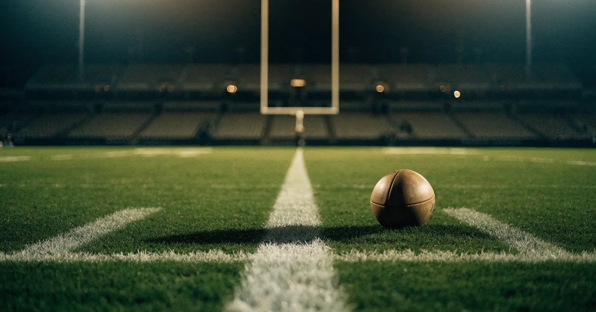 Ein Footballstadion bei Flutlicht aus der Ferne gesehen, davor ein leerer Rasen mit Yard-Linien und ein ovaler Ball am Spielfeldrand.