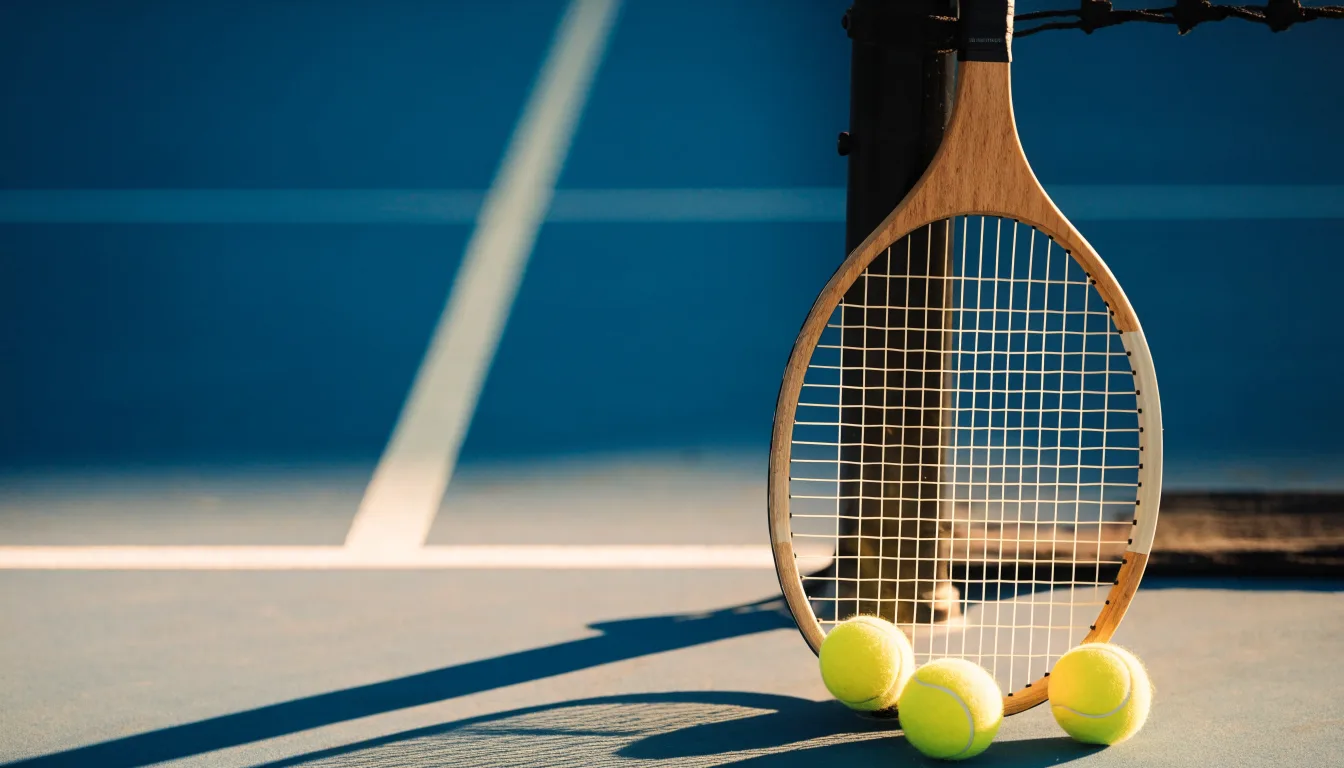Ein Tennisschläger lehnt an einem Netzpfosten, daneben liegen drei Bälle auf einem Hartplatz in warmem Nachmittagslicht.