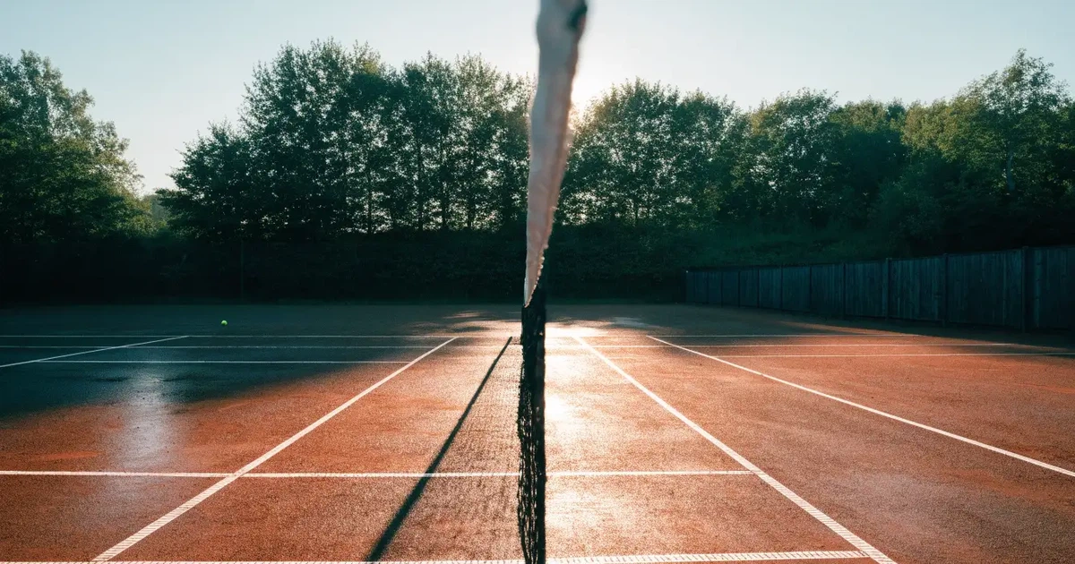 Ein Sandplatz am frühen Morgen mit frisch gezogenen Linien, einem Netz in der Mitte und einem gelben Ball auf der Grundlinie.