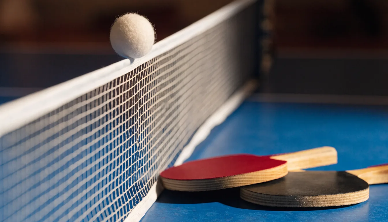 Ein weißer Ball liegt in Nahaufnahme auf der Netzkante einer Tischtennisplatte, daneben zwei Holzschläger mit rotem und schwarzem Belag.