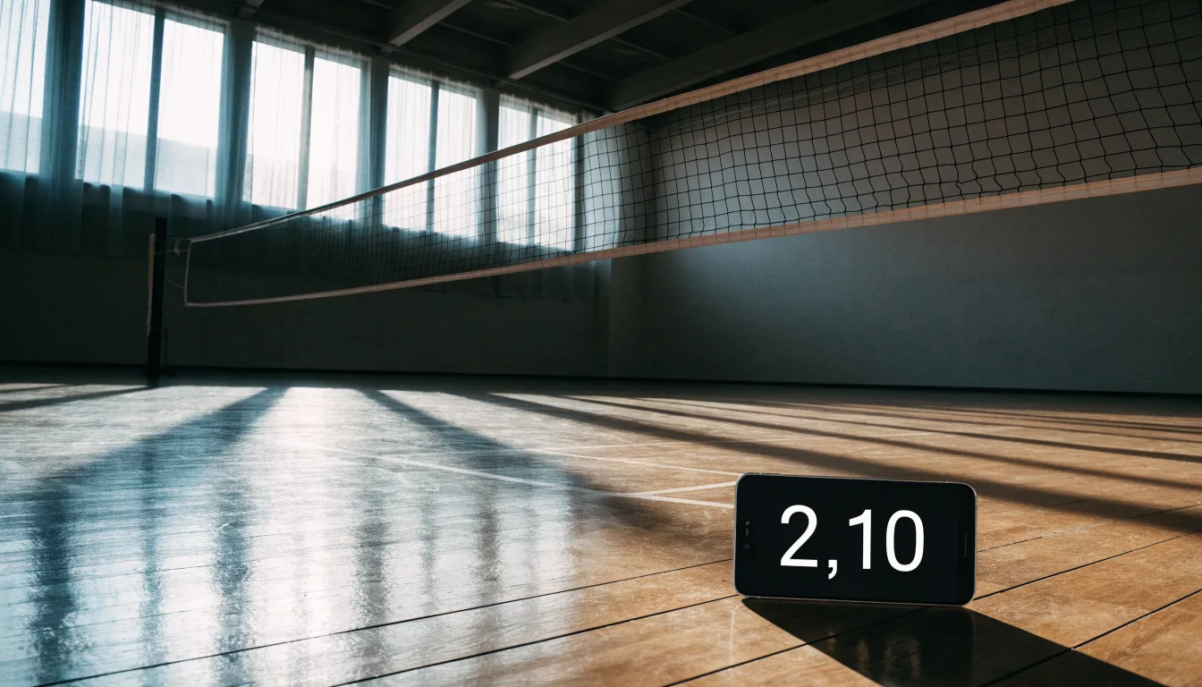 Eine leere Sporthalle mit gespanntem Volleyballnetz und glänzendem Parkett, durch hohe Fenster fällt Tageslicht.